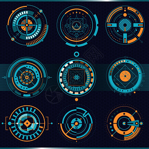 平视背景触摸HUD接口集触摸HUD圆接口集与高科技平孤立矢量插图插画