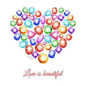 心形素材模板彩色宝石的心形与爱美丽的刻字矢量插图宝石心形插画