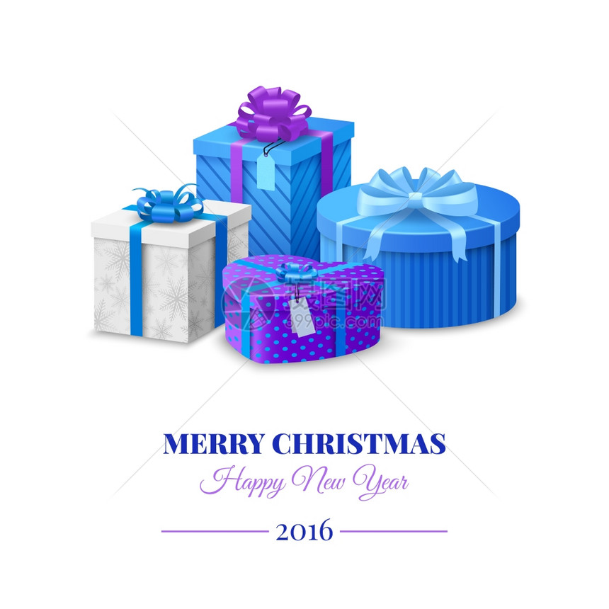 诞明信片与彩色蓝色礼品盒矢量插图五颜六色的礼品盒图片