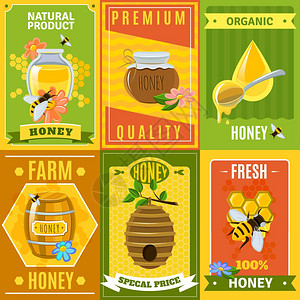蜂蜜海报套装蜂蜜海报与天然农场蜂蜜为特殊价格平孤立矢量插图图片
