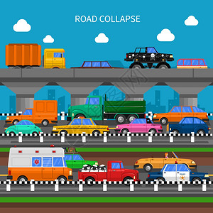 道路塌陷背景道路塌陷交通堵塞背景与许多汽车平矢量插图图片