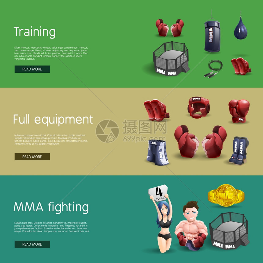 MMA战斗交互式3D横幅MMA格斗训练全设备配件互动网站3D水平横幅抽象孤立矢量插图图片