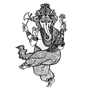 科尼什舞蹈印度教神Ganesha手画装饰矢量插图跳舞的Ganesha图标插画