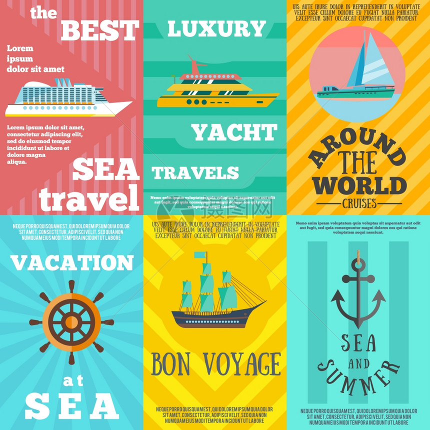 邮轮旅行6个平图标成最佳豪华游艇暑假海上旅行6平图标成横幅抽象孤立矢量插图图片