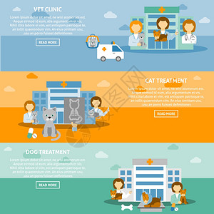 宠物医疗医生兽医宠物诊所水平横幅兽医诊所实践3互动水平网站横幅详细宠物治疗信息孤立矢量插图插画