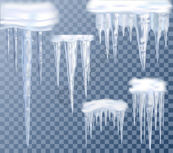 严寒冰柱冰柱透明套装逼真的大冰柱透明装饰孤立矢量插图插画
