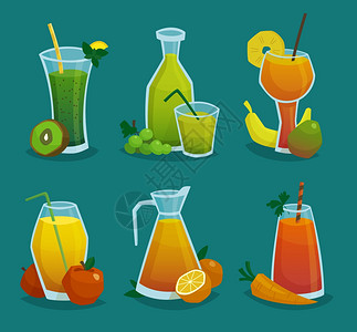 榨汁杯主图新鲜果汁水果图标装饰图标集投手眼镜与新鲜果汁水果制作的卡通风格矢量插图插画