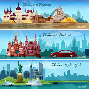 科夫著名城市水平横幅与布达佩斯莫斯科旅游建筑矢量插图著名的城市横幅插画