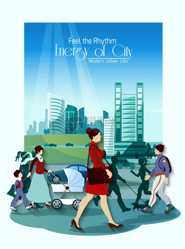 城市人民海报与现代摩天大楼建筑的背景矢量插图城市人民海报图片