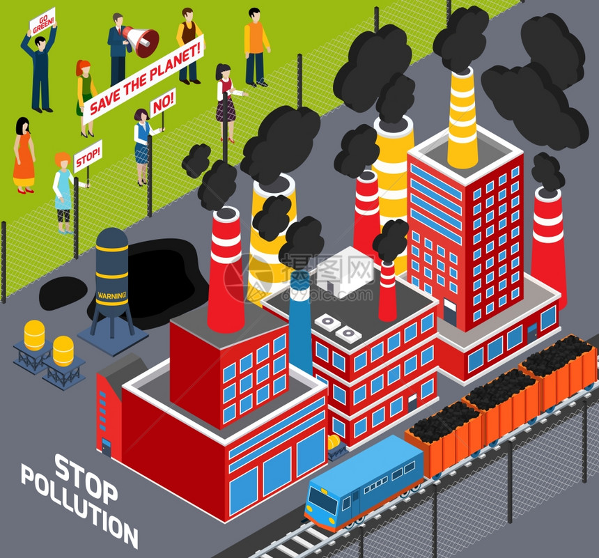 人类反工业污染等距图标与人类抗议行动的工业污染矢量插图图片