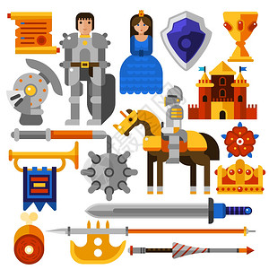 盔甲图标平骑士图标平图标骑士公主城堡,中世纪其他元素矢量插图插画