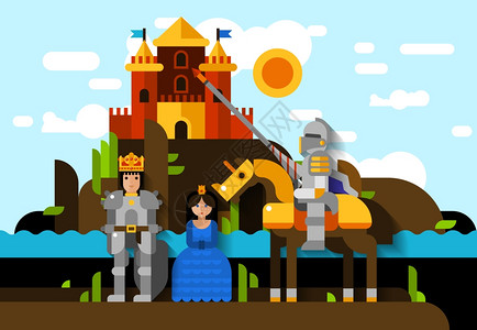 比武五颜六色的骑士海报平海报骑士公主国王的盔甲与城堡的背景矢量插图插画