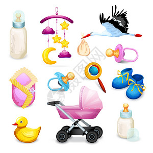 婴儿淋浴图标婴儿淋浴图标与奶瓶奶嘴飞行重机隔离矢量插图图片