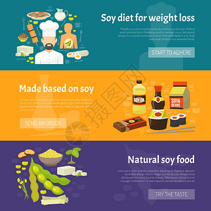 大豆横幅套大豆食品水平横幅与天然饮食产品分离矢量插图插画