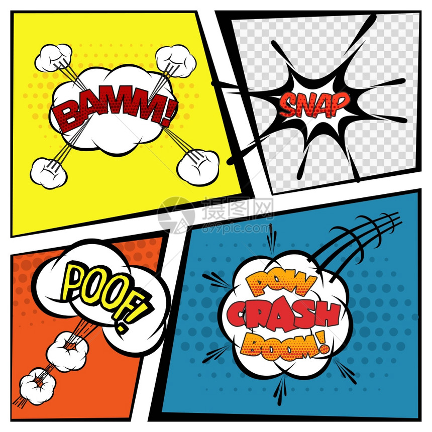 带语音气泡通信标志的漫画集矢量插图喜剧演讲泡泡图片