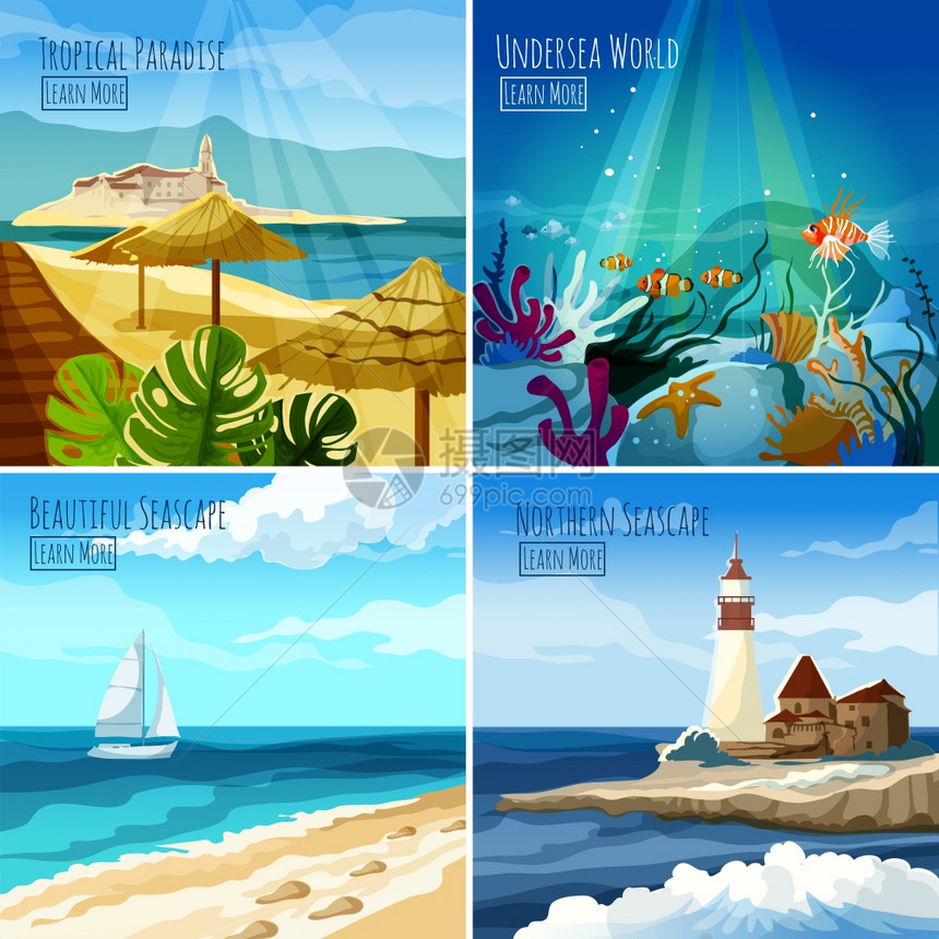 海景理念集热带天堂海底世界图标孤立矢量插图海景插图集图片