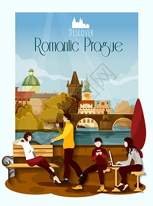 浪漫的布拉格海报与爱的夫妇地标的背景矢量插图布拉格海报插图图片