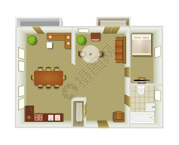 平层公寓平内顶视图与客厅厨房家具矢量插图内部顶部视图插画