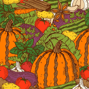 蔬菜无缝图案彩色无缝图案与南瓜西葫芦茄子卷心菜胡萝卜卡通风格矢量插图图片