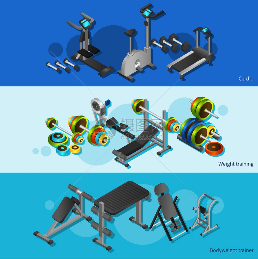 健身器材海报套三个水平海报与现实的图像心脏重量训练体重教练等距矢量插图图片