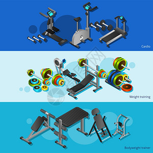 健身器材海报套三个水平海报与现实的图像心脏重量训练体重教练等距矢量插图插画