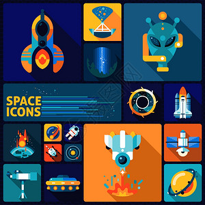 图标平太空探索装饰图标平与外星火箭望远镜小行星孤立矢量插图背景图片