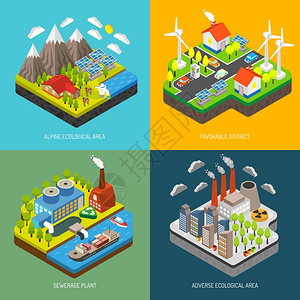 能源网络环境污染与保护环境污染与保护与风力涡轮机太阳能电池板电动汽车可再生能源生态技术矢量图插画