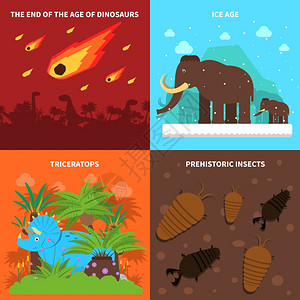 生物行业龙集与冰河时代动物平图标孤立矢量插图龙集插画