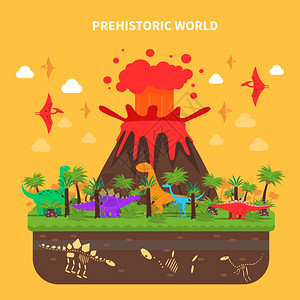 火山景观史前世界与龙火山爆发矢量插图龙插图插画