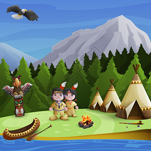 圆锥形帐篷美洲土著背景美洲土著人的与卡通人物,Teepees山脉背景矢量插图插画