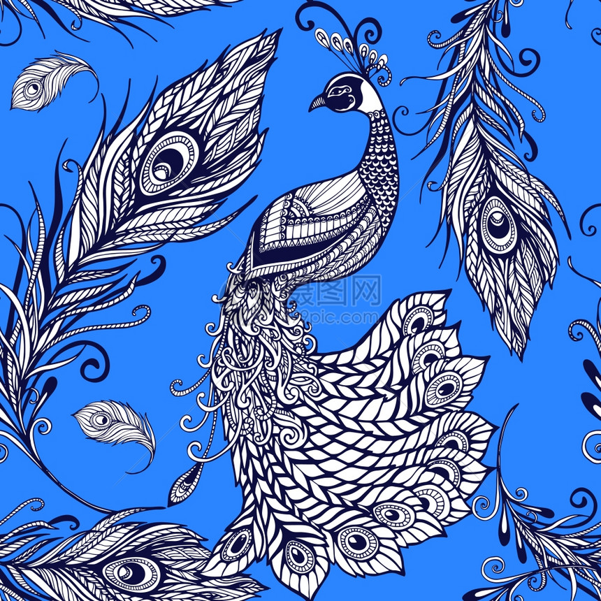 孔雀鸟羽毛无缝背景图案装饰风格的孔雀鸟羽毛无缝瓷砖艺术图案与蓝色背景涂鸦抽象矢量插图图片