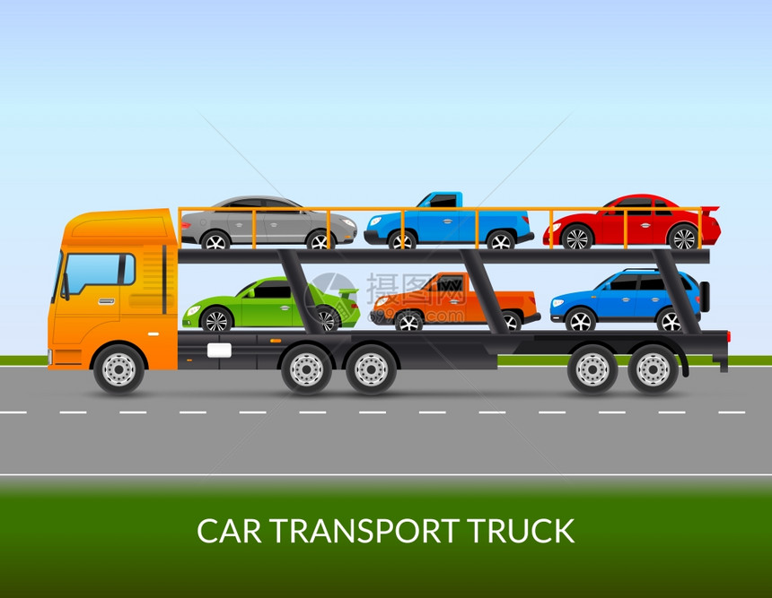 汽车运输卡车插图汽车运输卡车道路上用同类型的汽车平矢量图图片