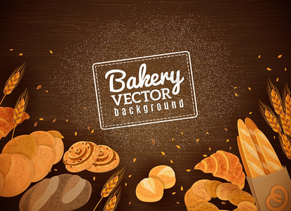 谷物饼干背新鲜包,深色木材背景新鲜烘焙生产黑暗的木制背景下与法国包牛角包白色包抽象矢量插图插画
