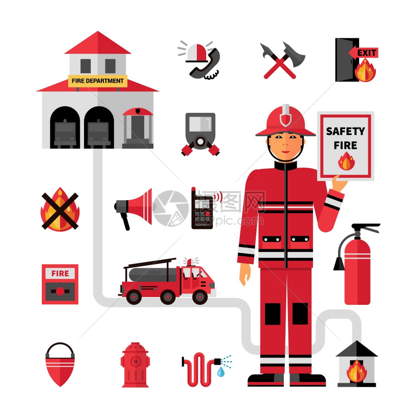 消防部门平图标消防部门平图标成横幅与设施设备持安全提示抽象矢量插图图片