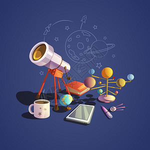 复古望远镜天文学卡通集天文学与复古科学卡通图标矢量插图插画