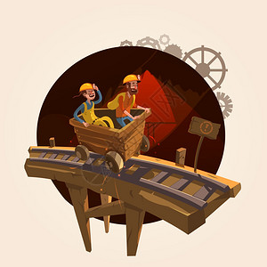 挖掘卡通采矿与工人骑煤车复古卡通风格矢量插图图片