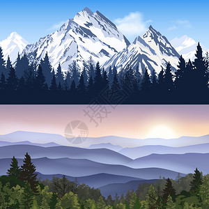 雾霾天空山旗的景观横幅景观与冬季山脉森林山脉与日出雾霾矢量插图插画