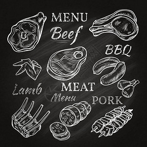 羊排串黑板上的复古肉类菜单图标复古肉类菜单图标黑板上与羊排,香肠,猪肉,火腿串,美食产品,矢量插图插画