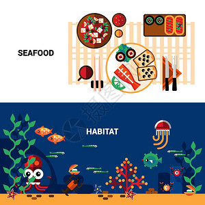水平海鲜横幅水平横幅套海洋生物桌子与海鲜平矢量插图图片