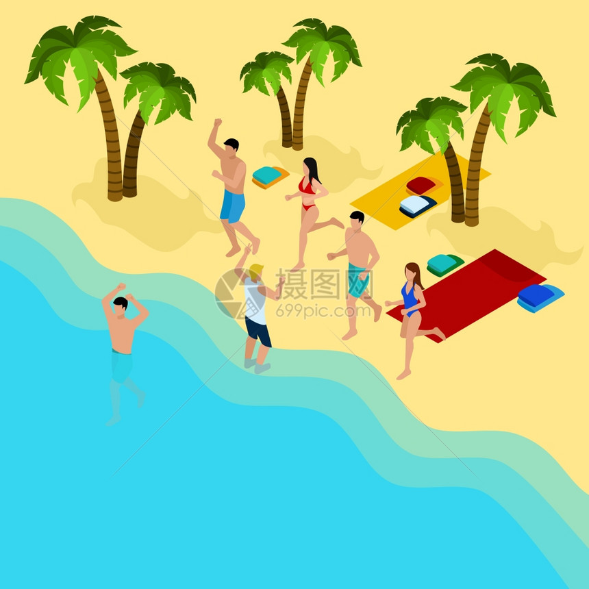 海滩插图上的朋友朋友们海滩上用棕榈树沙子海洋等距矢量插图图片