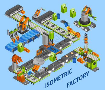 积木机器人工业机器人的工业工厂与等距机器人机械矢量插图插画