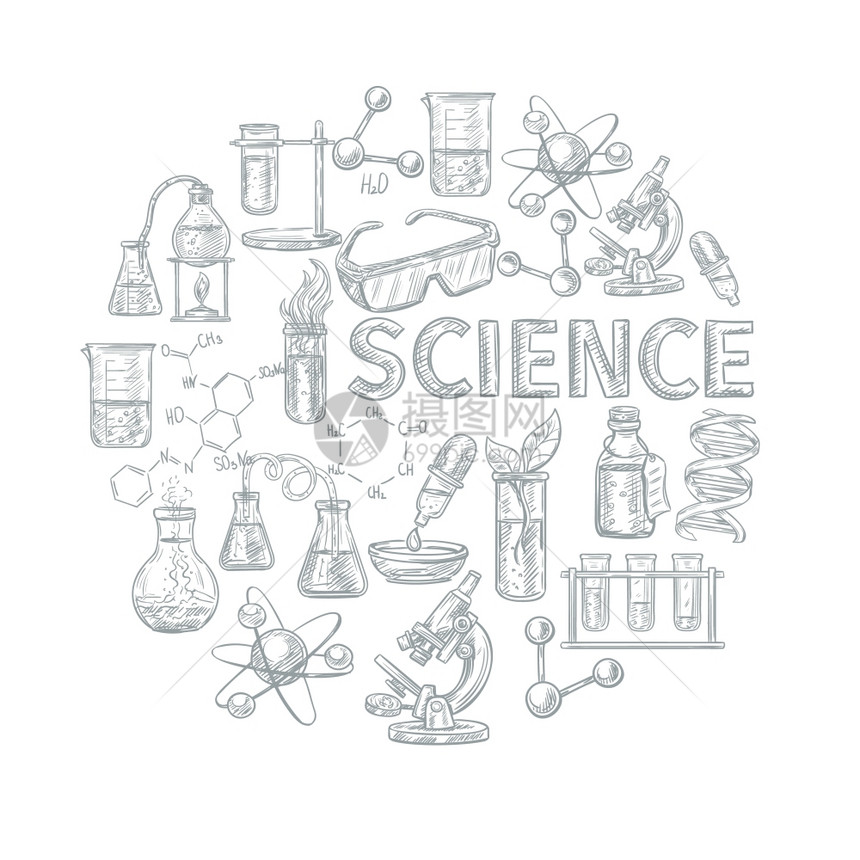 化学成化学素描与学校学科学符号矢量插图图片