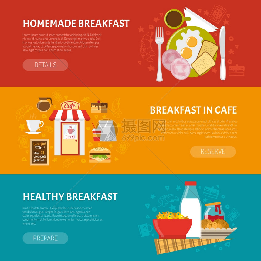 早餐横幅早餐水平横幅自制健康的早餐符号平孤立矢量插图图片