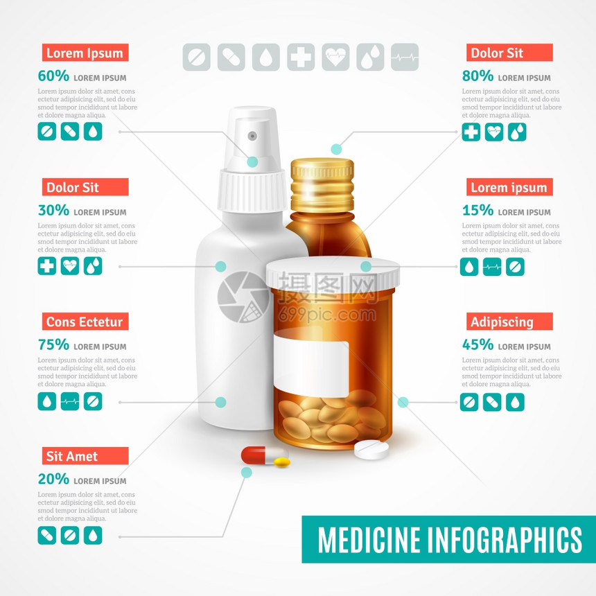 医学信息摄影集医学现实信息图集与医疗瓶药丸矢量插图图片