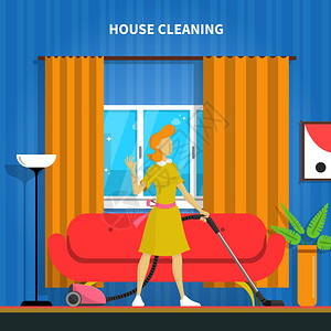 房屋清洁背景插图房屋清洁背景与吸尘器房间平矢量插图图片