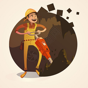 采矿插图采矿与劳动工人钻孔与千斤顶锤煤矿复古卡通风格矢量插图图片