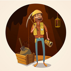 采矿插图采矿与复古卡通风格矿工煤矿矢量插图图片