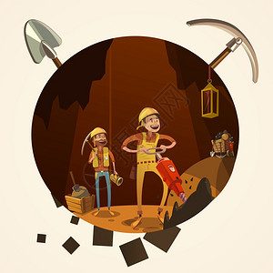 挖掘卡通插图采矿与手工工人矿井与钻具卡通复古风格矢量插图图片
