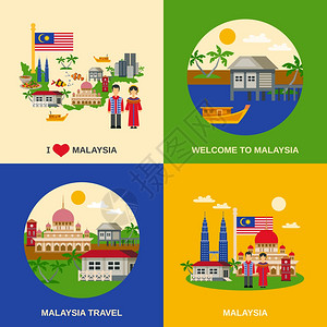 马来西亚留学马来西亚文化4平图标广场马来西亚为旅客提供4个平图标广场成,与食品海关地标矢量孤立插图插画