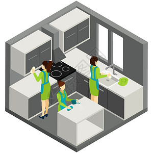 清理厨房厨房清洁家庭帮助等距象形文字专业的住宅女佣穿着绿色制服,提供优质的厨房清洁服务,抽象等形图横幅矢量插图插画